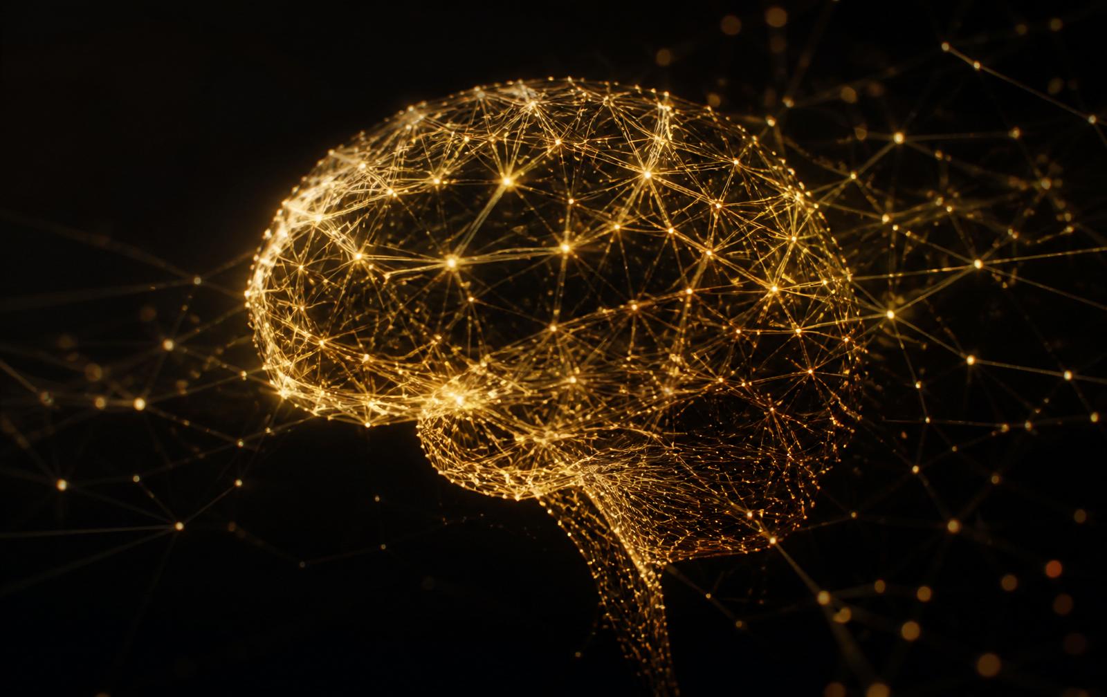Neural network of glowing gold nodes on charcoal